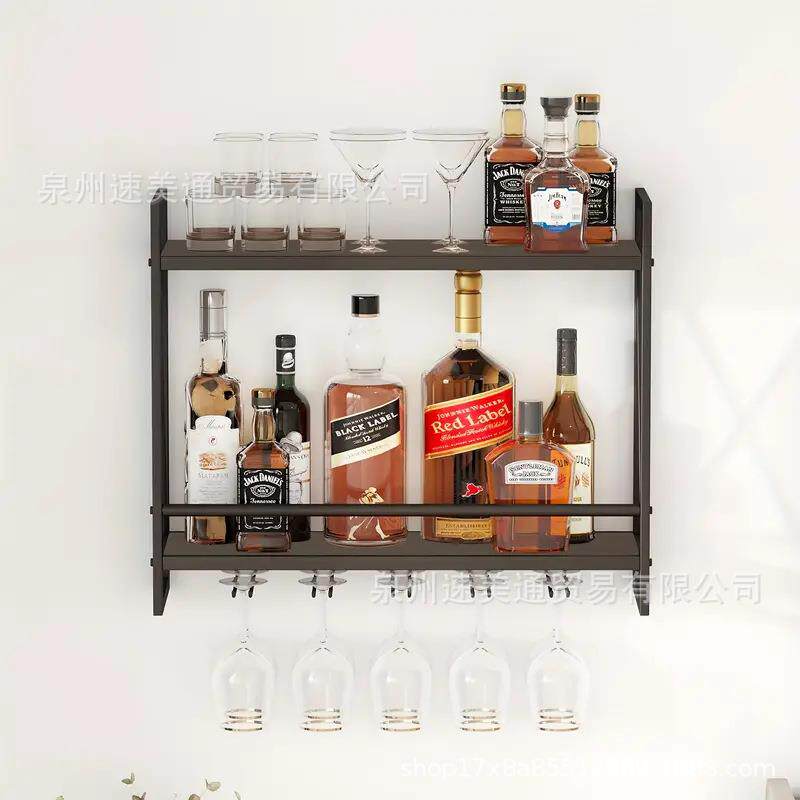 2层壁挂式酒架，60cm黑金属多用途货架悬挂支架与玻璃支架