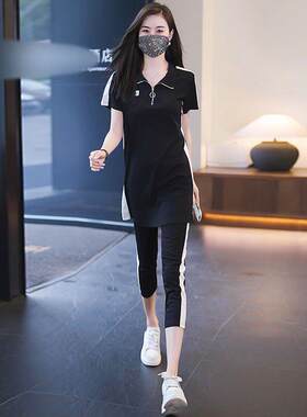 潮牌休闲时尚运动套装夏季中长版短袖T恤显瘦上衣+七分裤两件套女