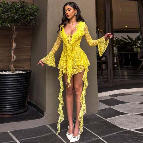 Womens Lace Mini Dress Long Sleeve Deep V Neck Tieup Front