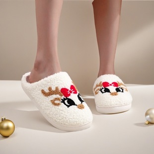 保暖室内毛拖情侣款 品质圣诞节氛围蝴蝶结麋鹿棉拖鞋 女居家冬季