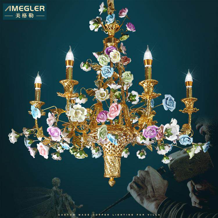 美格勒法式全铜吊灯欧式卧室公主房别墅田园客厅陶瓷花灯玄关饭厅
