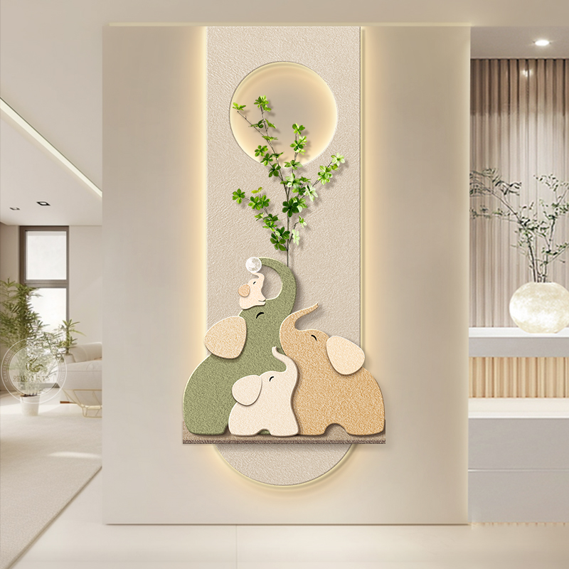 北欧奶油风玄关装饰画简约大象麋鹿砂岩挂画绿植走廊过道发光壁画