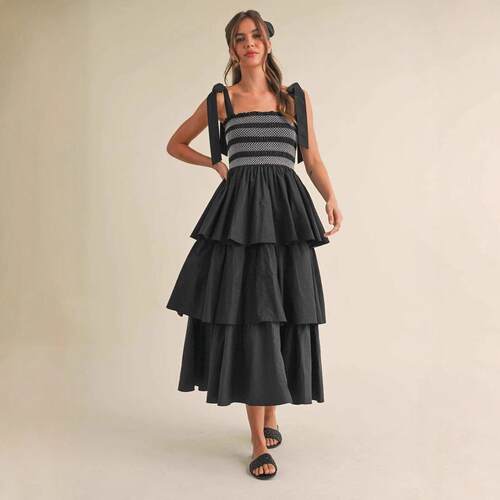 Womens Smocked Bow Strap Tiered Midi Dress BlueBlack Long