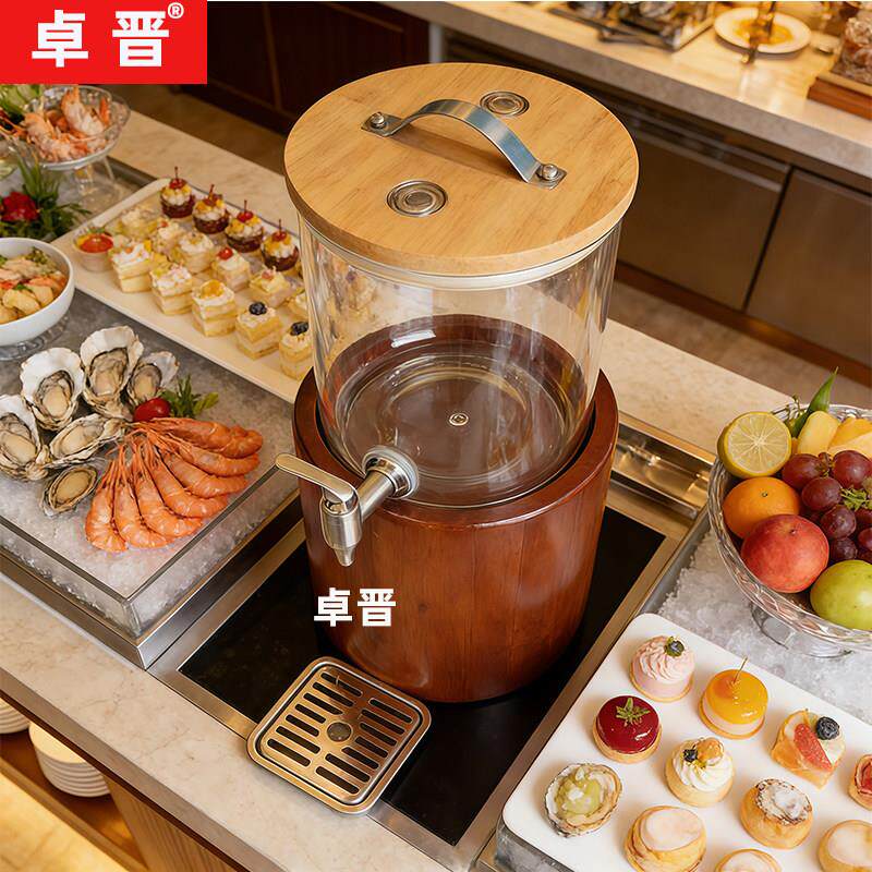 自助圆木座玻璃果汁鼎带餐头饮商龙用料机酒店果汁冷FPR饮桶5L