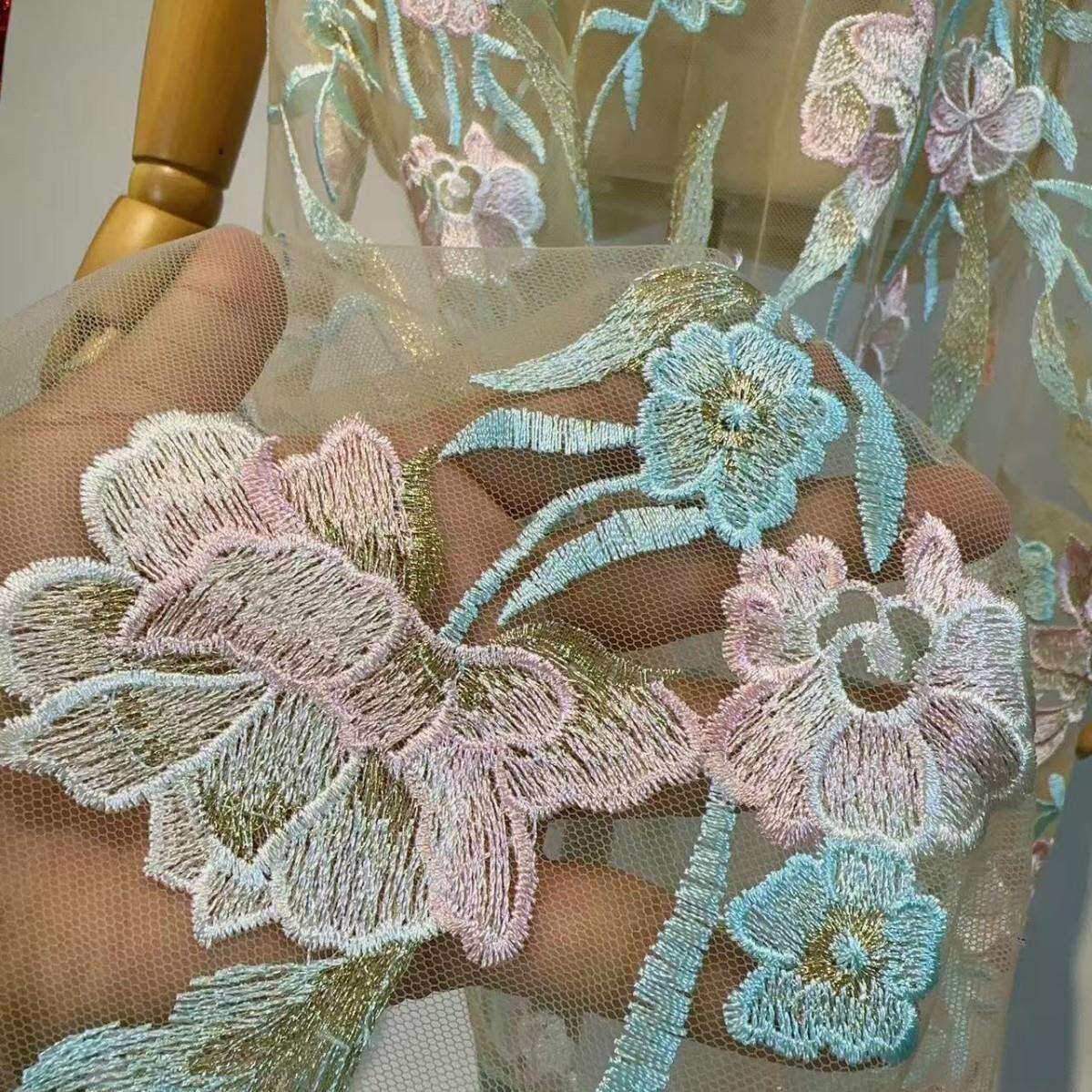 新款兰花国风清新素雅多色网纱刺绣面料lace Embroidered fabric