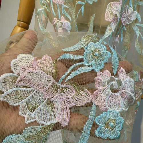 新款兰花国风清新素雅多色网纱刺绣面料lace Embroidered fabric
