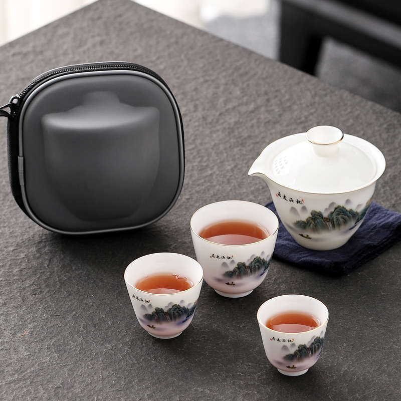 羊脂玉瓷旅行茶具套装户外便携陶瓷快客杯一壶三杯泡茶器礼品定制