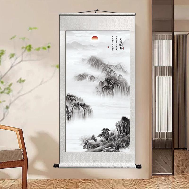 水墨山水画国画天道酬勤海纳百川山水卷轴画客厅玄关办公室装饰画