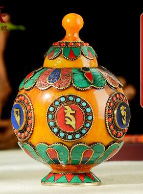 尼泊尔树脂手工镶嵌红蓝宝珠桌面八吉祥摆件米盒用品宝瓶