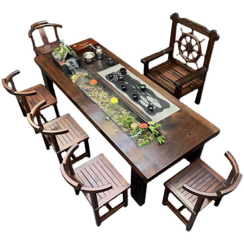 新中式老船木高山流水茶桌椅组合原木茶台禅意景观桌茶几客厅家用