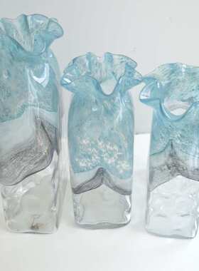 蓝色花白水墨花瓶黑白山水云纹水波纹方砖花器外贸出口手工玻璃