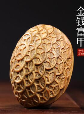 天然绿檀木雕刻金钱富甲天下龟壳摆件文玩手把件家饰品创意工艺品