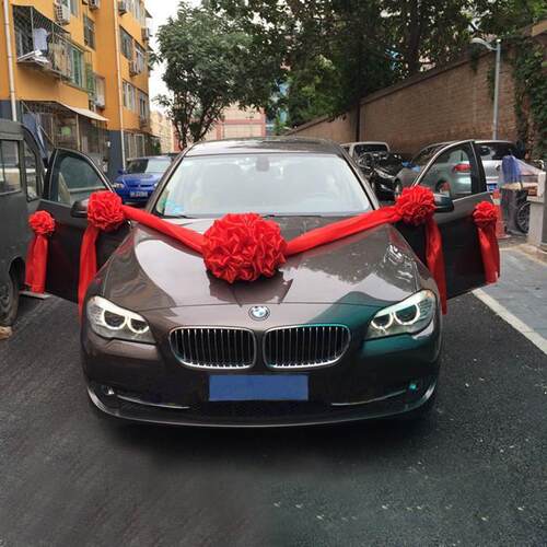 婚车装饰车头花纯手工饱满加密大红花球新车绣球红绸布婚车绸缎花