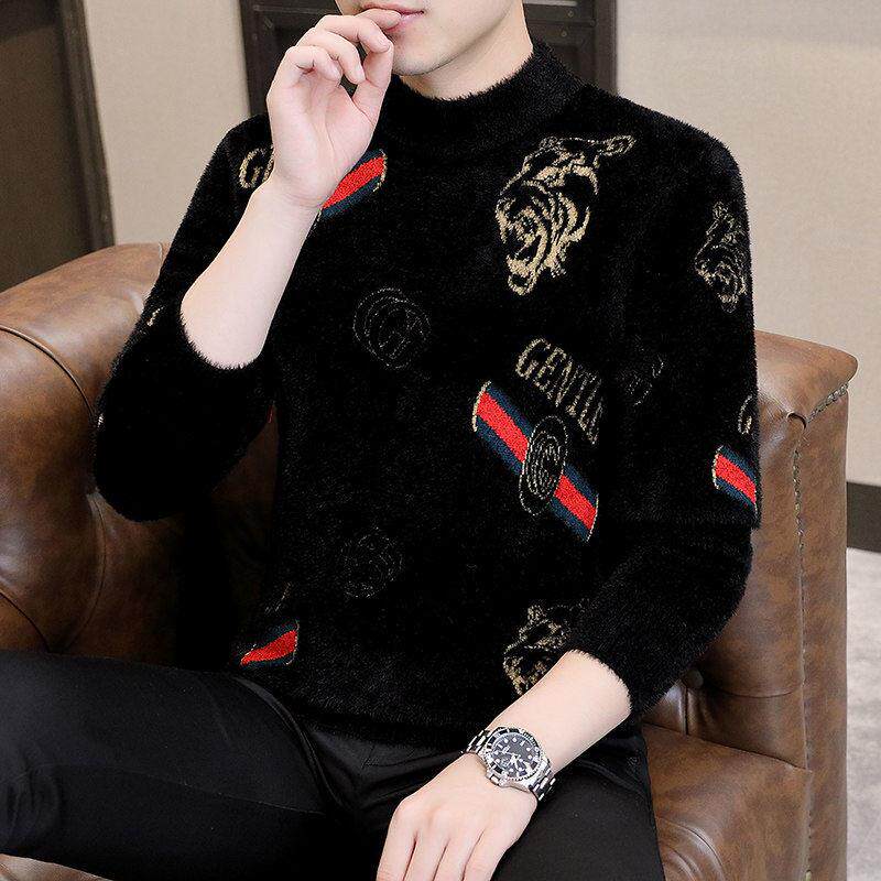 水貂绒半高领毛衣男冬季加绒加厚潮流修身男士黑色针织羊绒打底衫