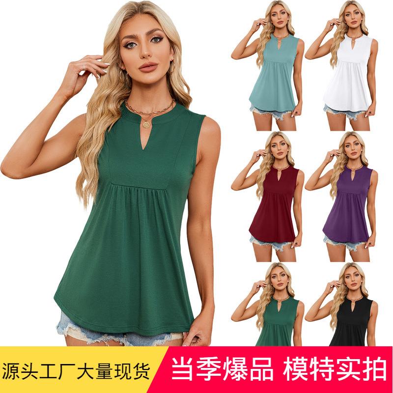 Womens Stand Collar Swallowtail Vest Top Pleated V Neck