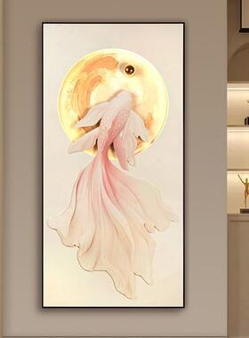 奶油风立体砂岩画锦鲤玄关装饰画led氛围灯画高档入户正对门挂画