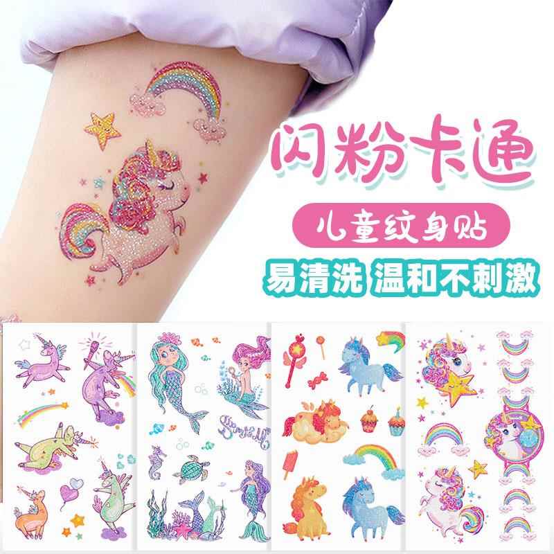 卡通闪粉纹身贴转印贴纸纹身贴儿童指甲贴纸女孩水印防水水贴透明蝴蝶宝宝手表小公主纹身贴纸