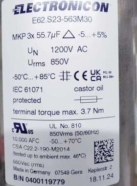 3x55.7uF1200V electronicon 薄膜电容 E62.S23-563M30 原装现货