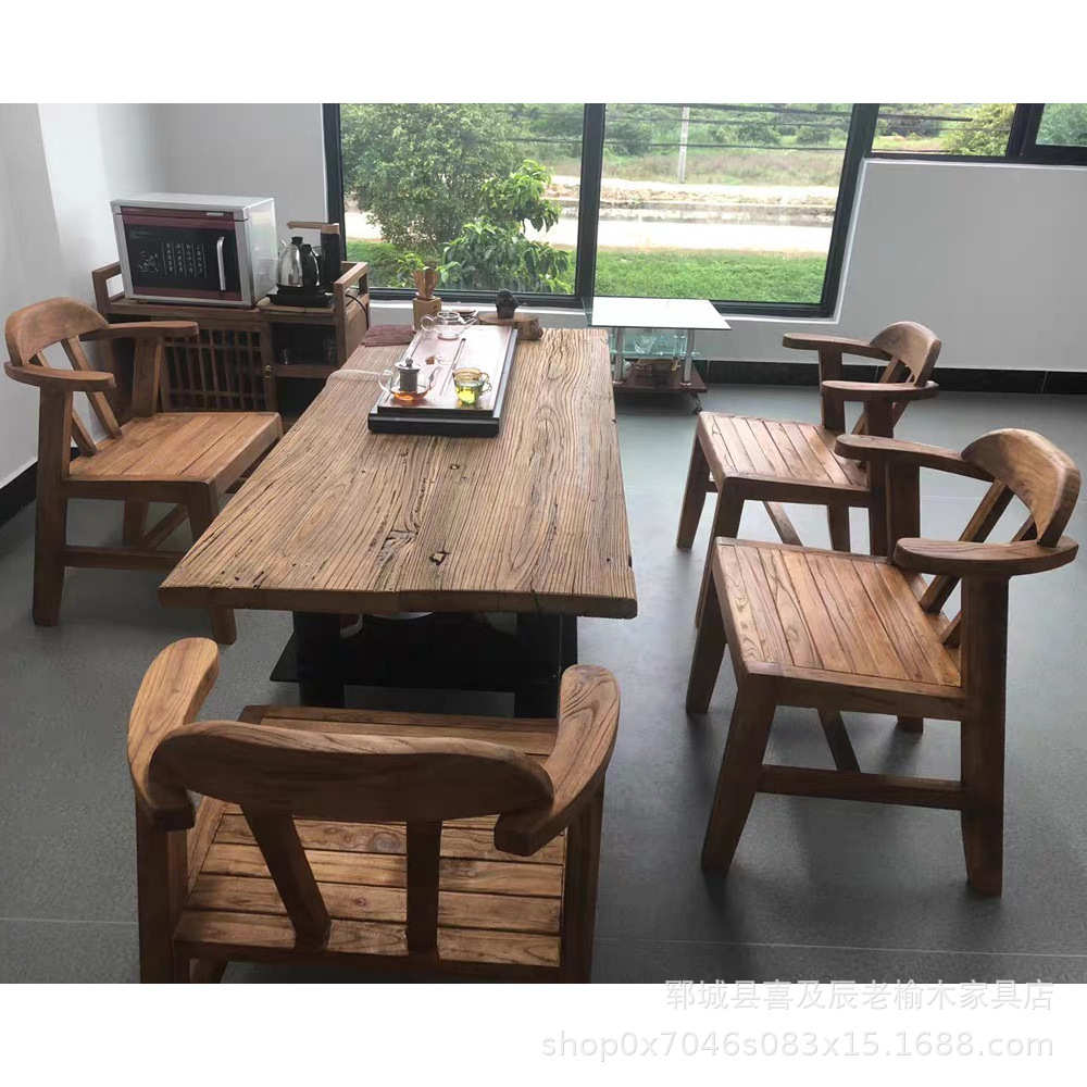 老榆木茶桌古典禅意茶桌餐桌功夫茶桌老榆木风化纹理茶桌大板茶台