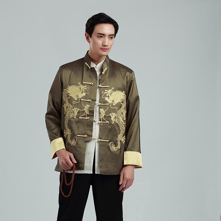 正品春秋士长袖双唐装上衣绣花带龙表演服装中男式上衣婚礼主礼服