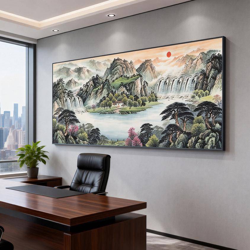 海纳百川山水装饰画新中式办公室字画国画风景客厅沙发背景墙挂画
