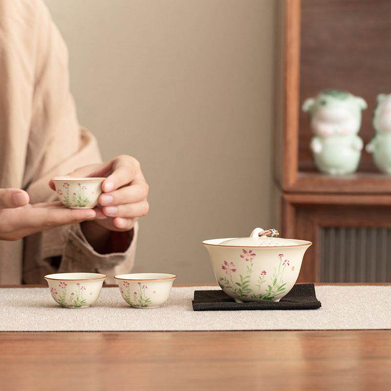 米黄小雏菊旅行茶具一壶三杯便携快客杯办公室户外露营简易泡茶组