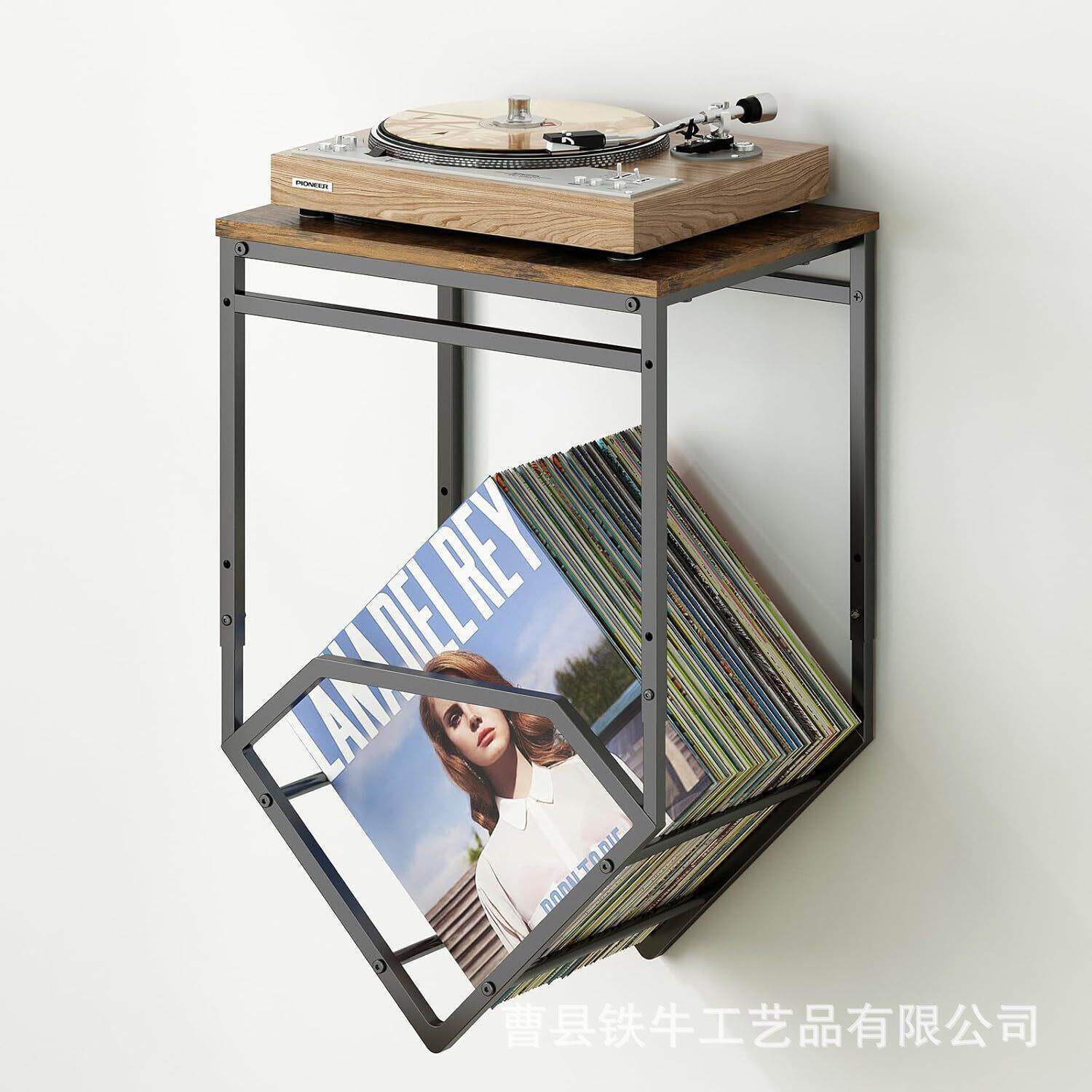 复古铁木唱片机支架带壁挂式乙烯基唱片置物架录音机支架CD收纳层