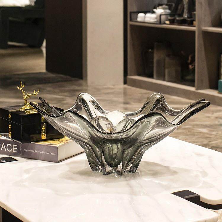 现代轻奢玻璃大果盘设计师客厅茶几摆件样板间软装桌面收纳托盘