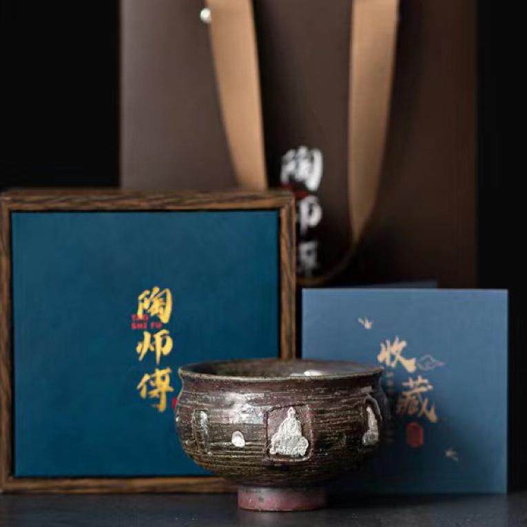 敦煌印象青铜银彩禅泥主人杯茶盏个人功夫陶瓷茶具手工文创罗汉杯