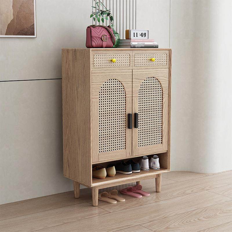北欧风白蜡木实木两门鞋柜储物柜双门透气藤编客厅家具小户型柜子