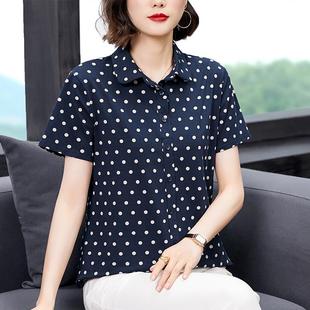 纯翻领波点上衣宽松显瘦休闲polo衫 短袖 女夏中老年妈妈有领T0423n