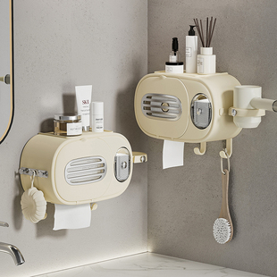 卫生间纸巾盒卷纸多功能置物架浴室壁挂式免打孔防水洗脸巾收纳