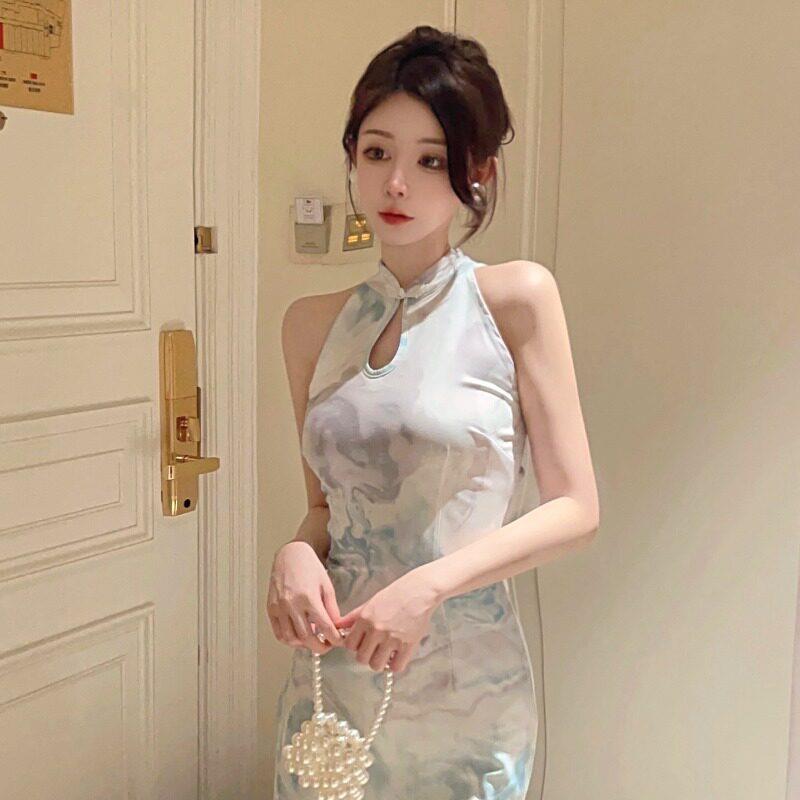 夏季气质露肩设计感旗袍新中式国风裙子无袖连衣裙主播女改良长裙