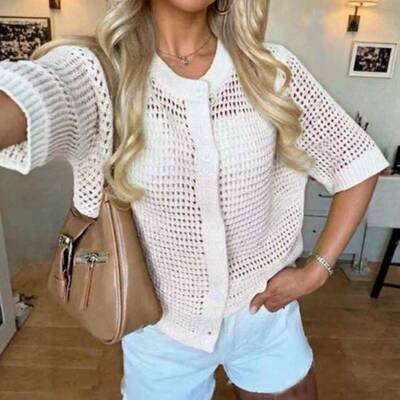 Womens Crochet Sleeve Cardigans Button Up Crew Neck Summer