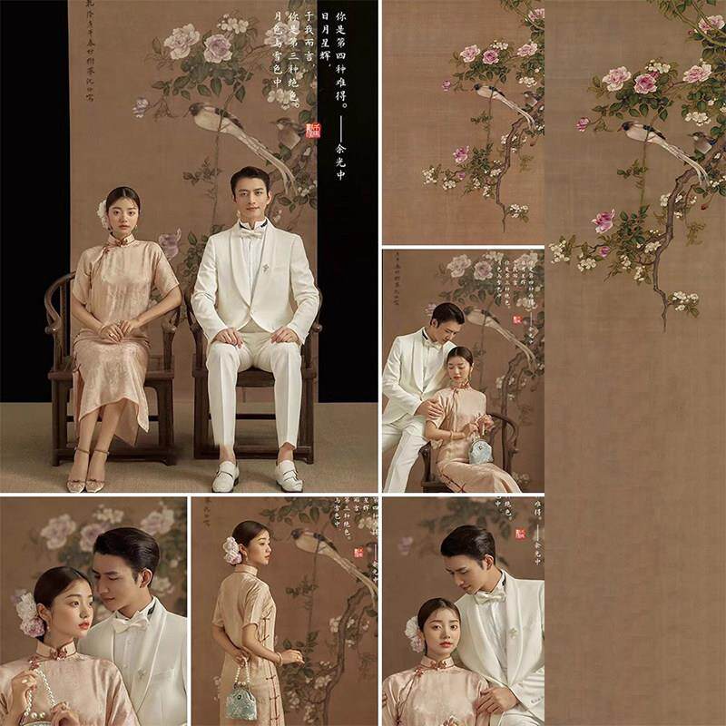 照相馆国风旗袍秀禾服婚纱摄影拍照背景布工笔画复古室内写真背景