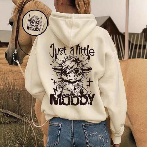 【Plus Size】 Cartoon Highland Cow & Letter Print Hoodie