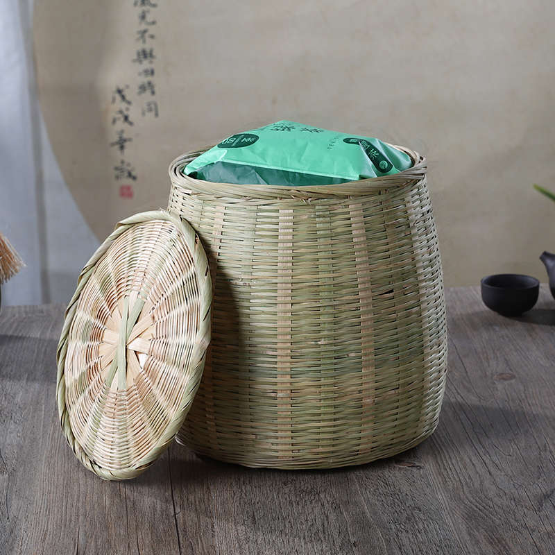 竹编带盖茶叶篓大号茶叶罐竹青编织盒茶叶桶茶饼收纳盒茶篓竹篓篮