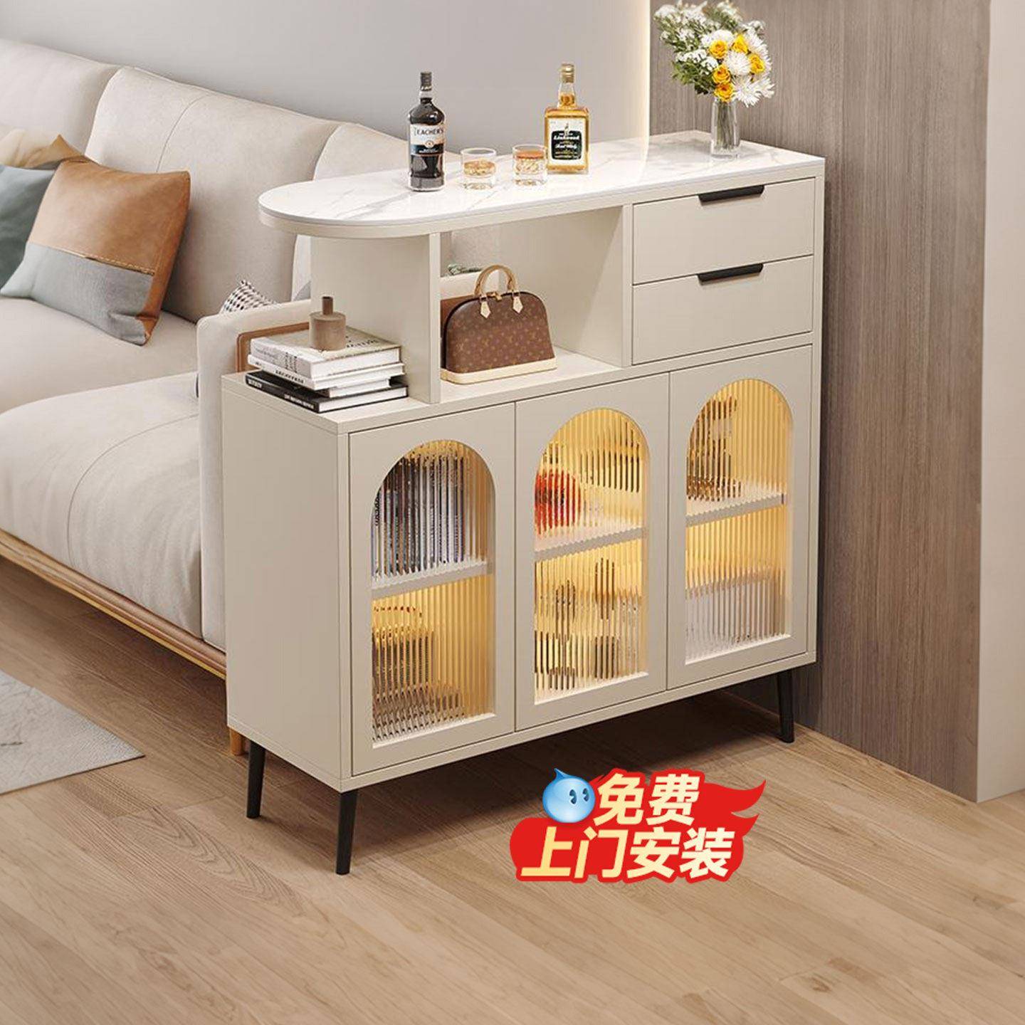 奶油风吧台桌家用客厅隔间柜小户型酒柜餐边一体柜沙发边柜侧边几
