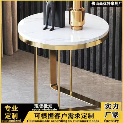 简约现代水波纹不锈钢边几沙发角几小户型床头桌家用大理石小圆桌