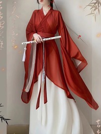 出租红色武侠女(武侠女)风，汉服古装魏晋制齐腰，八破裙古风舞蹈演出服租赁借