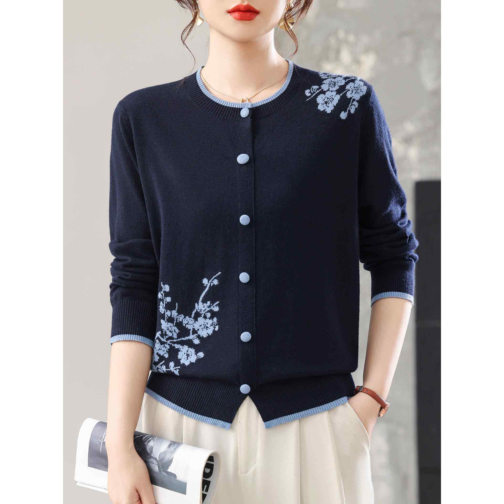 中式国风提花针织衫假开衫女秋装2025新款设计感小众上衣洋气毛衣