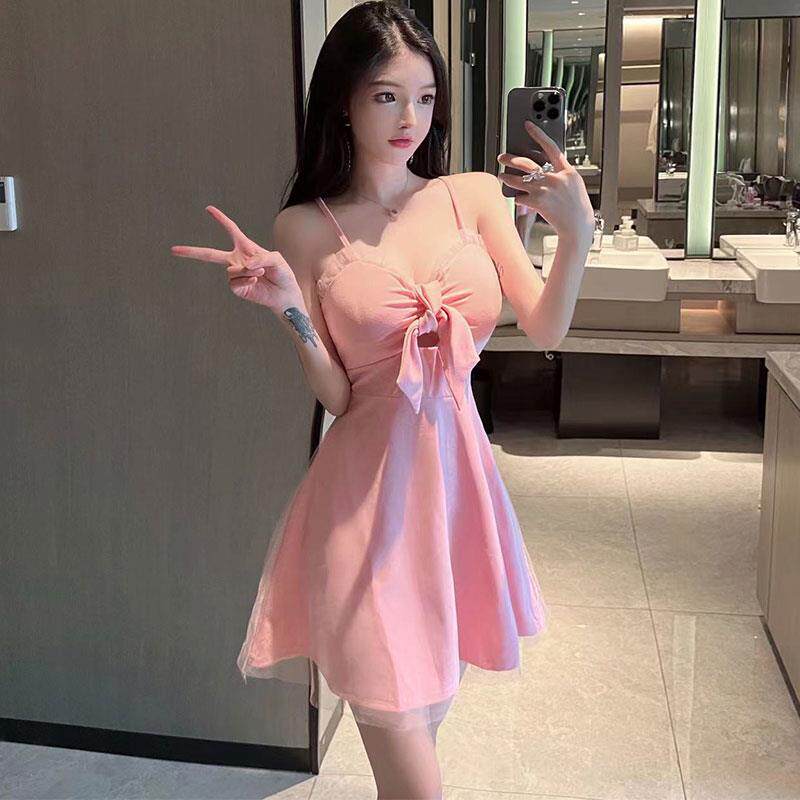 性感女装带胸垫吊带连衣裙低胸露背夜店工作服蝴蝶结酒吧工衣