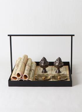 新中式方形铁艺托盘书卷组合摆件样板房展厅会所茶几茶室软装饰品