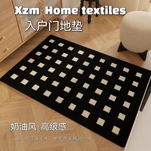 法式奶油风高级感地毯黑白格子入户门光脚垫卧室书房编织圈绒地垫