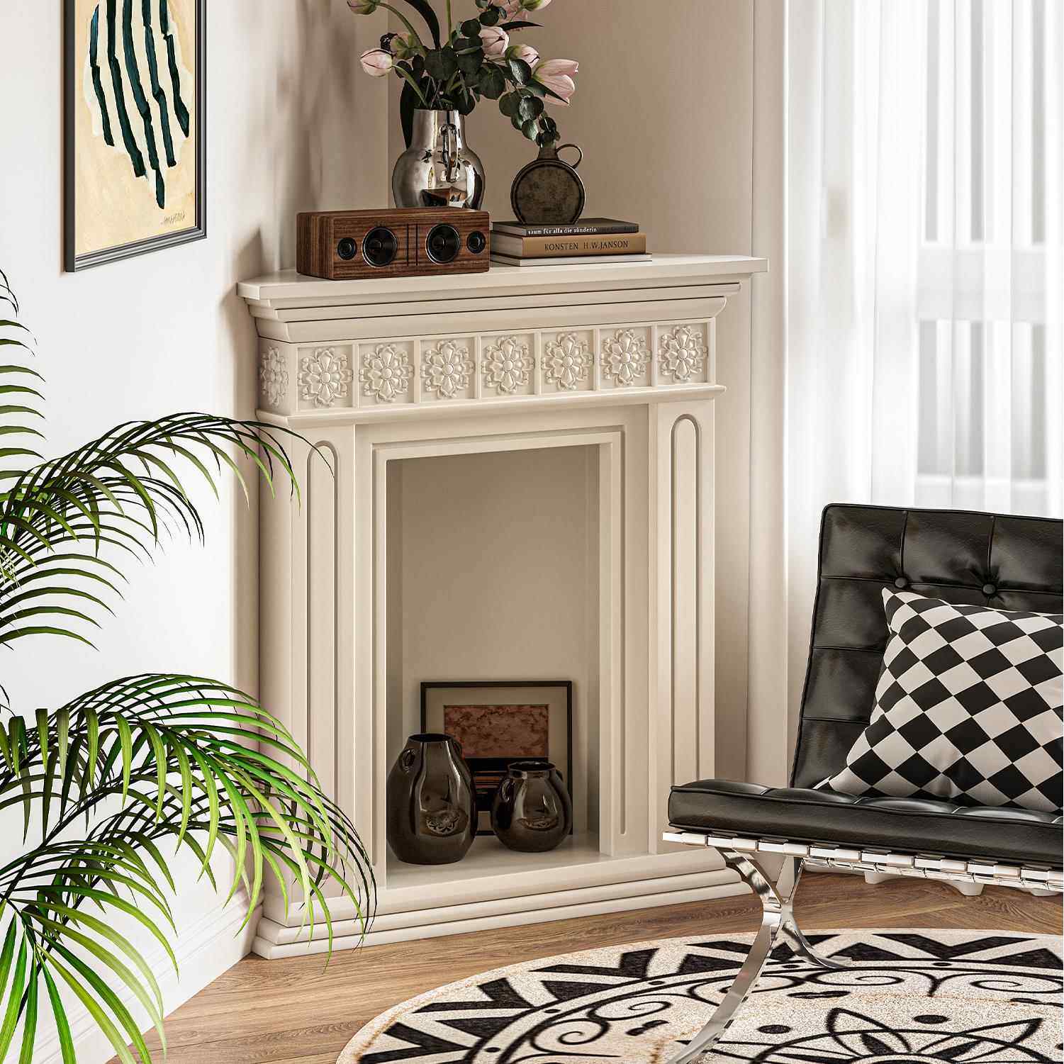 新款谷及法式简约三角雕花壁炉客厅玄关角落边柜装饰靠墙收纳置