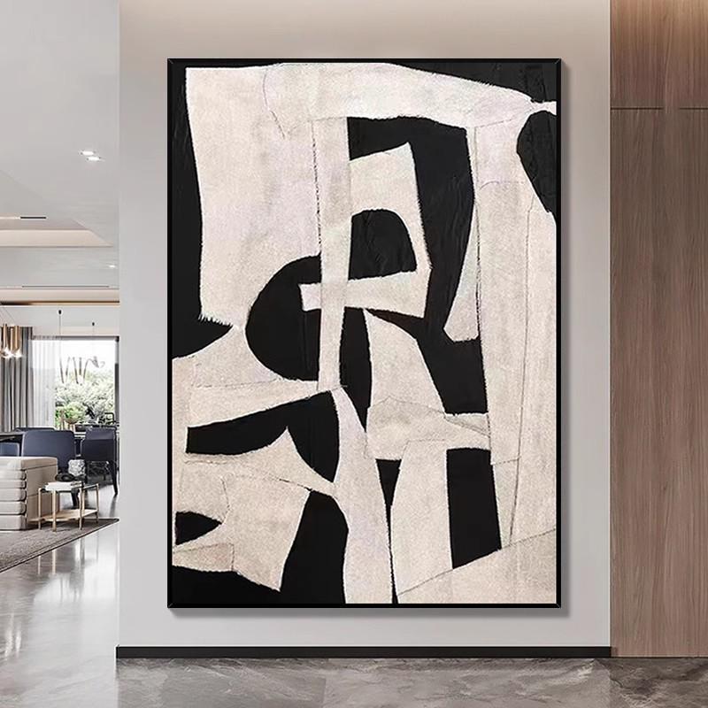 纯手绘油画黑白几何图案立体肌理画客厅背景墙装饰画高档手工挂画图片