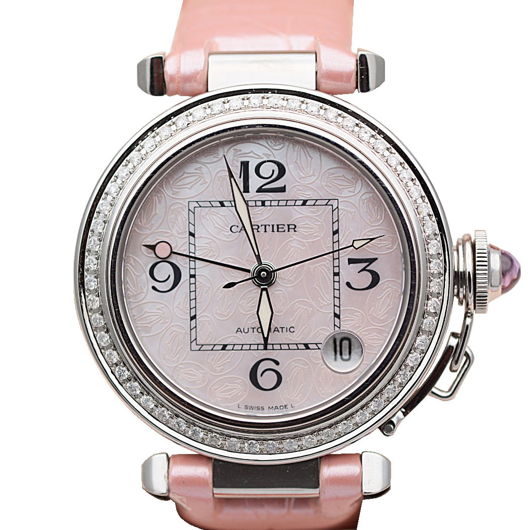 正品[9.8新]卡地亚帕莎35mm粉盘后镶钻自动机械手表女表