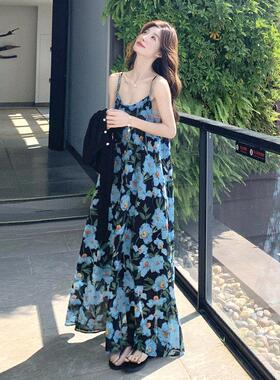 LILY MOST夏度假蓝色碎花吊带连衣裙女针织衫气质雪纺沙滩裙套装