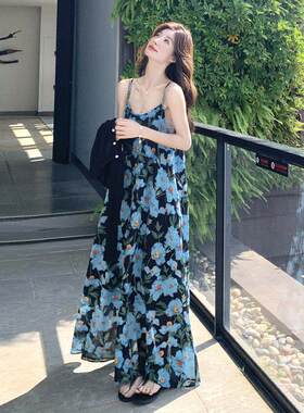 LILY MOST夏度假蓝色碎花吊带连衣裙女针织衫气质雪纺沙滩裙套装