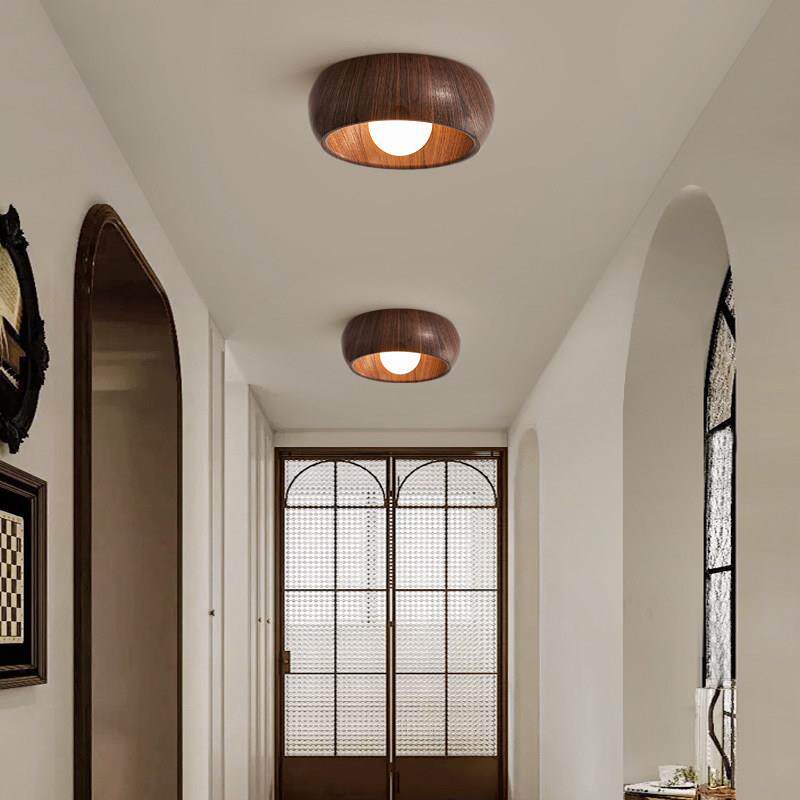 走道吸顶灯现代简约入户玄关灯极简圆形创意覆古胡桃色阳台走廊灯